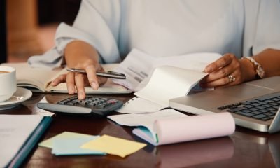 Hands of female entrepreneur working with bills and documents